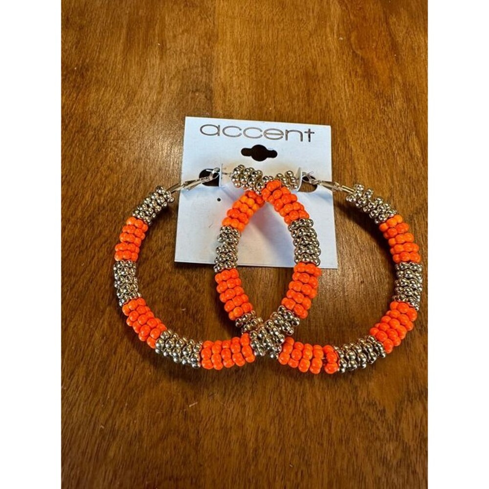 Accent Orange and Gold Beaded Hoop Earrings Boho Statement NWT New Jewelry Gift